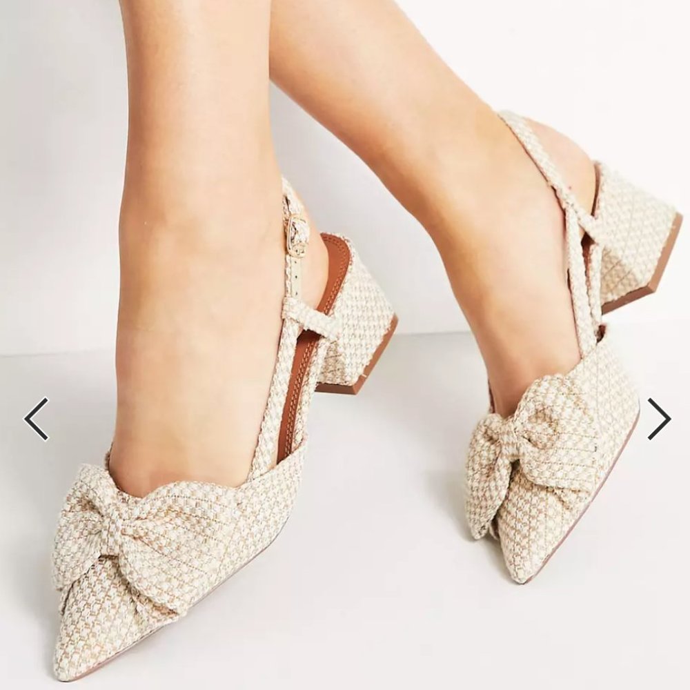 NWT ASOS DESIGN Wide Fit Spring bow mid heeled shoes in natural Size US Womens 8